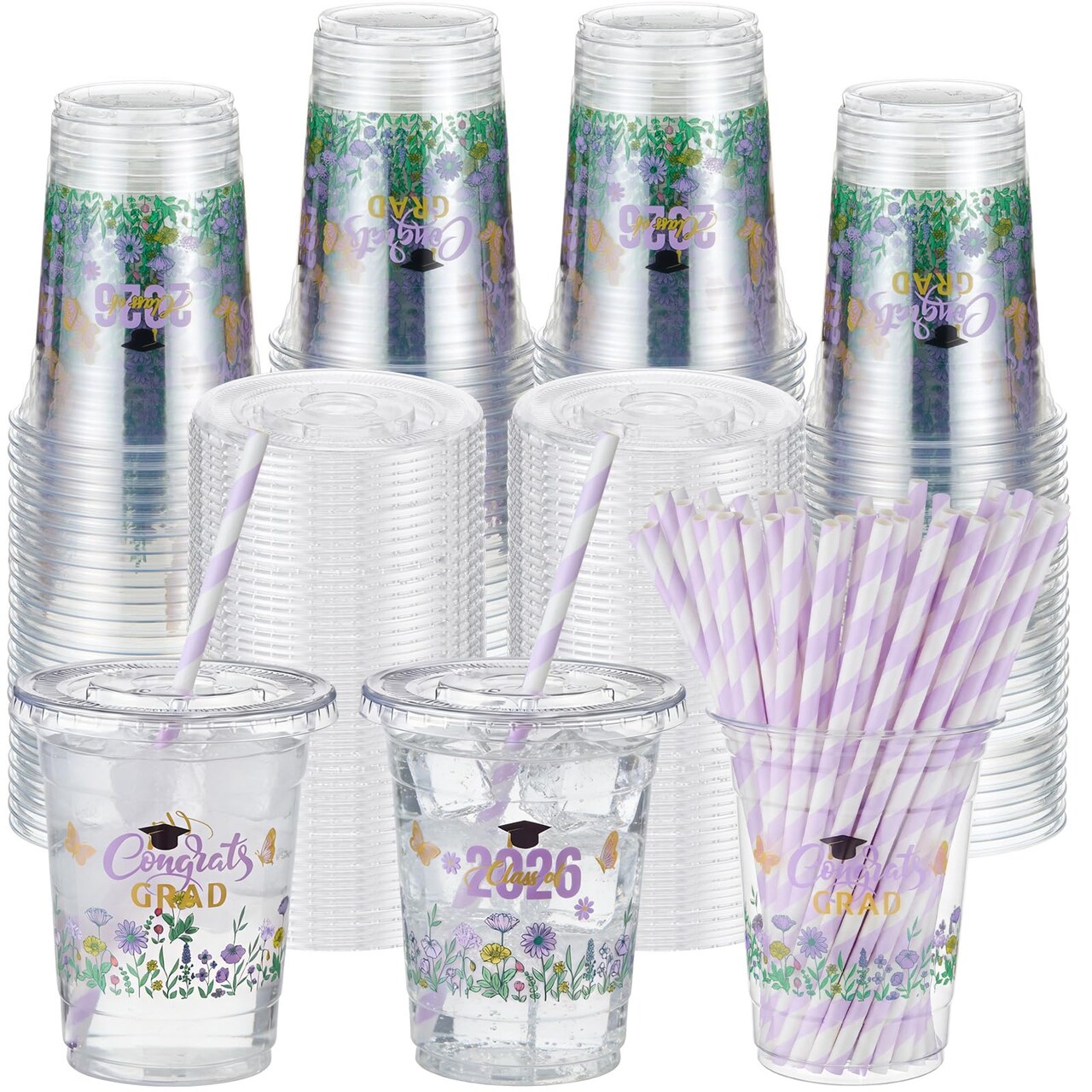 50 Sets 16 oz Purple Graduation Plastic Cups Wildflower Congrats Grad Disposable Drinking Cups with Lids and Paper Straws for Hot Cold Drinks Class of 2026 Graduation Party Supplies